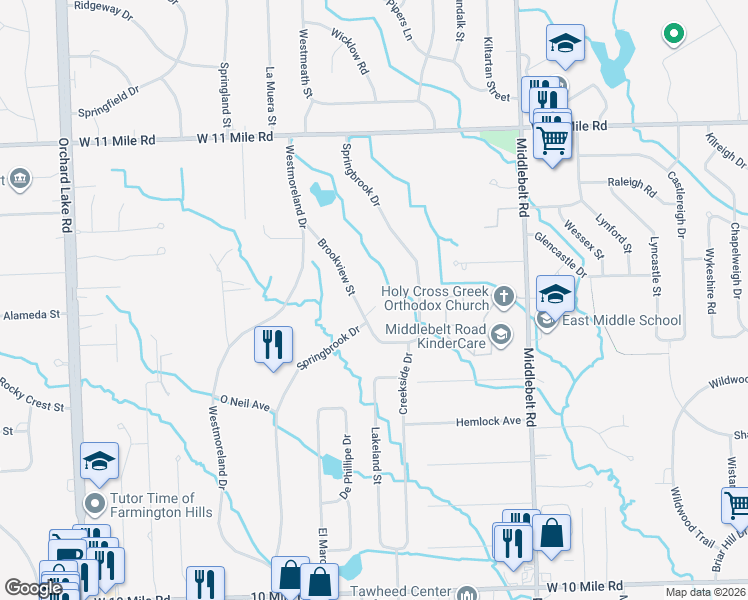 map of restaurants, bars, coffee shops, grocery stores, and more near 25250 Brookview Street in Farmington Hills