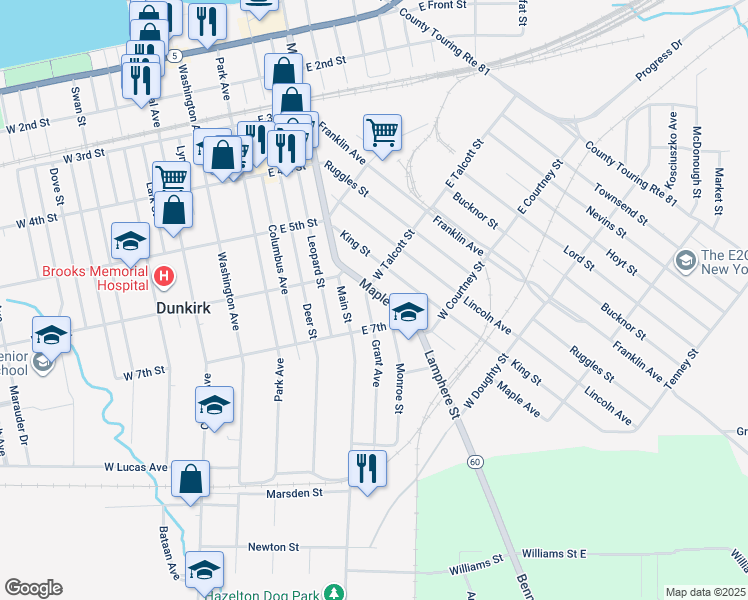 map of restaurants, bars, coffee shops, grocery stores, and more near 115 Maple Avenue in Dunkirk