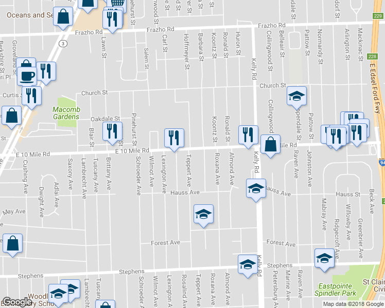 map of restaurants, bars, coffee shops, grocery stores, and more near 18250 East 10 Mile Road in Eastpointe