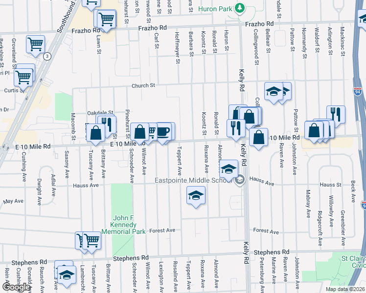 map of restaurants, bars, coffee shops, grocery stores, and more near 24961 Warrington Avenue in Eastpointe