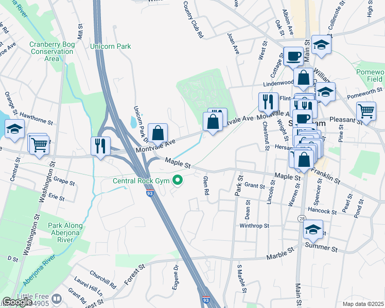 map of restaurants, bars, coffee shops, grocery stores, and more near 95 Maple Street in Stoneham