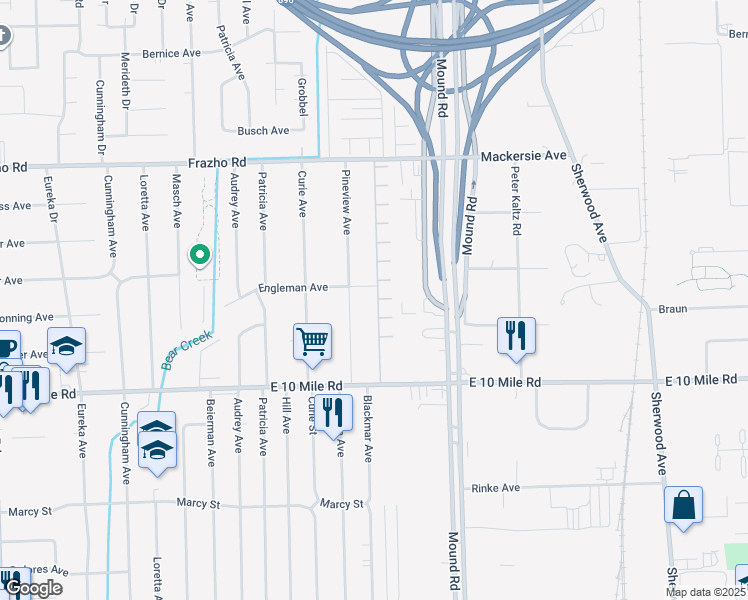 map of restaurants, bars, coffee shops, grocery stores, and more near 25351 Joanne Smith Drive in Warren