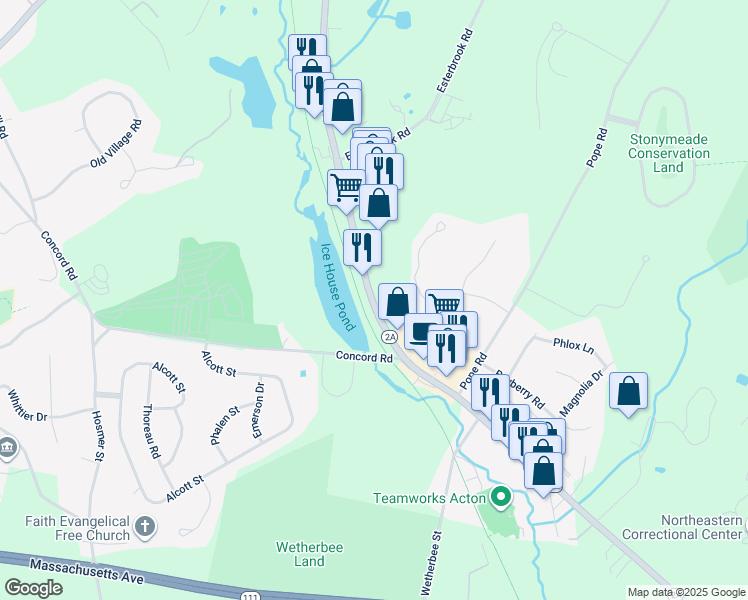 map of restaurants, bars, coffee shops, grocery stores, and more near 129 Great Road in Acton