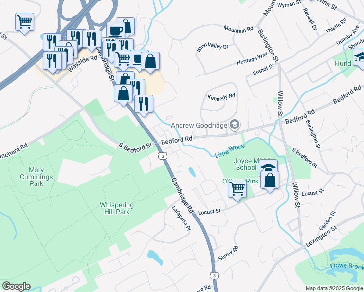 map of restaurants, bars, coffee shops, grocery stores, and more near 200 Bedford Road in Woburn