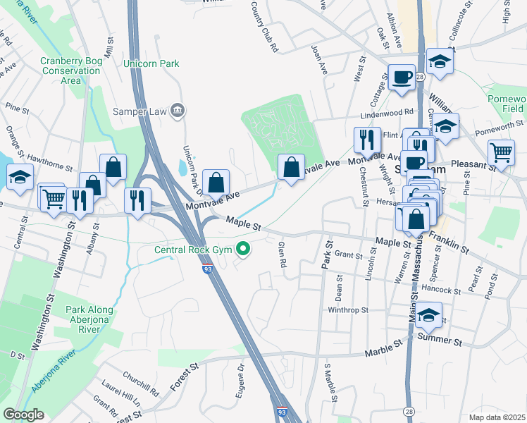 map of restaurants, bars, coffee shops, grocery stores, and more near 90 Montvale Avenue in Stoneham