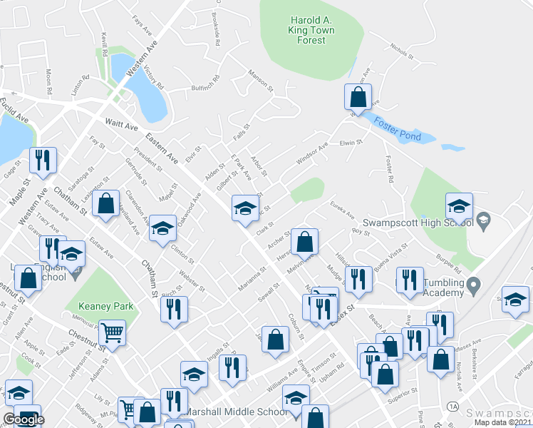 map of restaurants, bars, coffee shops, grocery stores, and more near 37 Pacific Street in Lynn