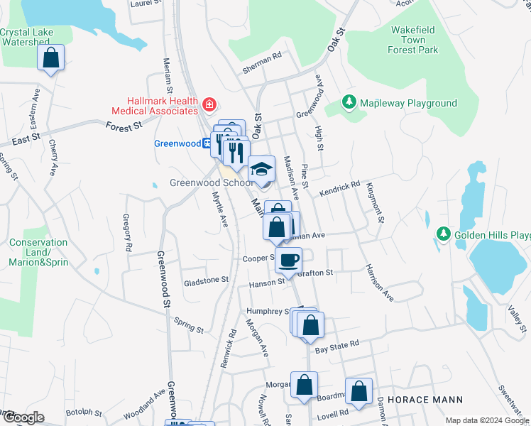 map of restaurants, bars, coffee shops, grocery stores, and more near 1058 Main Street in Wakefield