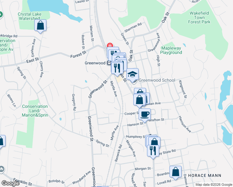 map of restaurants, bars, coffee shops, grocery stores, and more near 19 Myrtle Avenue in Wakefield
