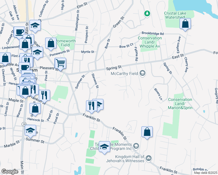 map of restaurants, bars, coffee shops, grocery stores, and more near 10 Patriot Road in Stoneham