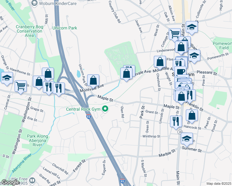 map of restaurants, bars, coffee shops, grocery stores, and more near 95 Maple Street in Stoneham