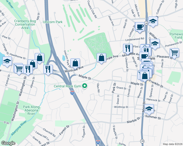 map of restaurants, bars, coffee shops, grocery stores, and more near 90 Montvale Avenue in Stoneham