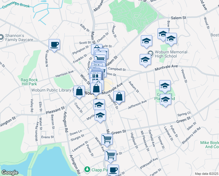 map of restaurants, bars, coffee shops, grocery stores, and more near 42 Walnut Street in Woburn