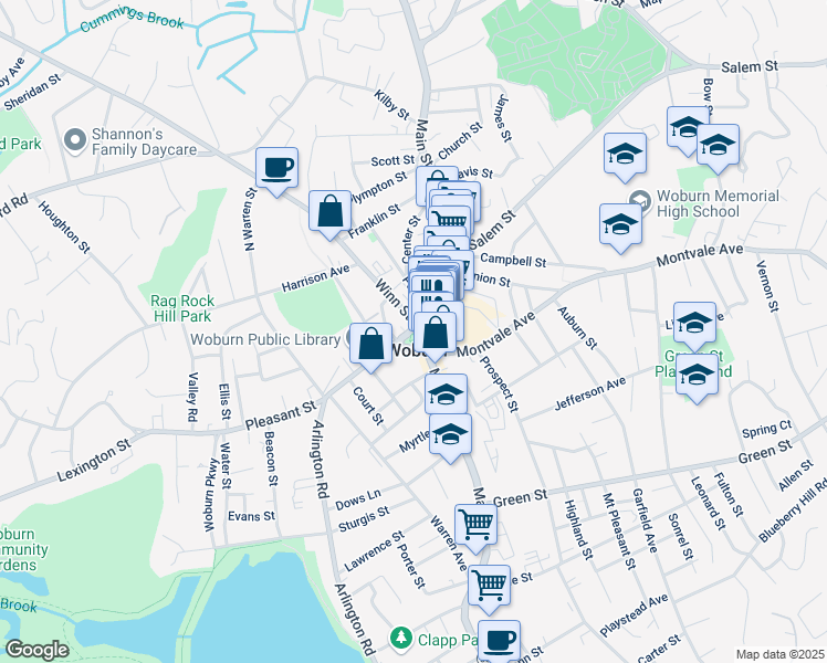 map of restaurants, bars, coffee shops, grocery stores, and more near in Woburn