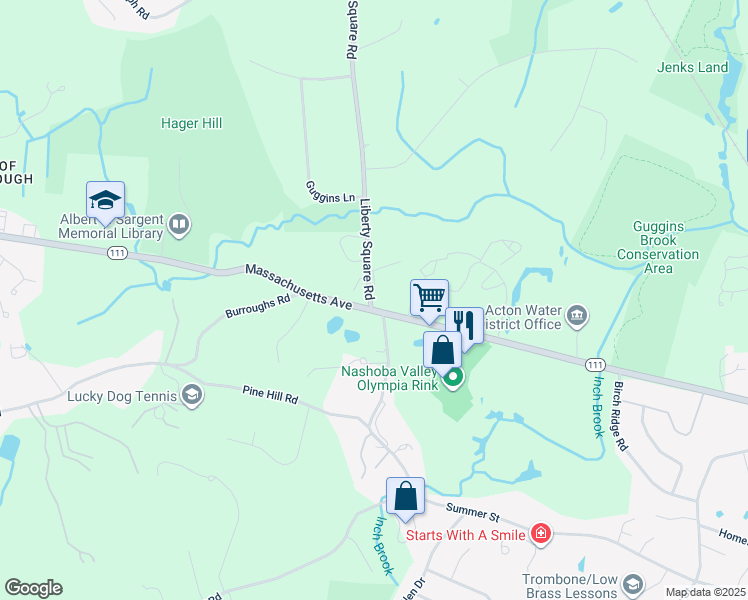 map of restaurants, bars, coffee shops, grocery stores, and more near 27 Liberty Square Road in Boxborough