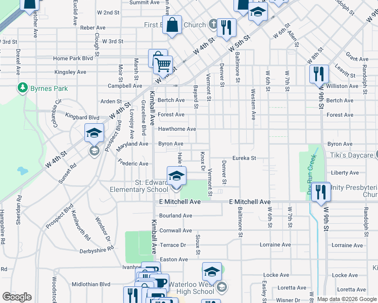 map of restaurants, bars, coffee shops, grocery stores, and more near 306 Byron Avenue in Waterloo