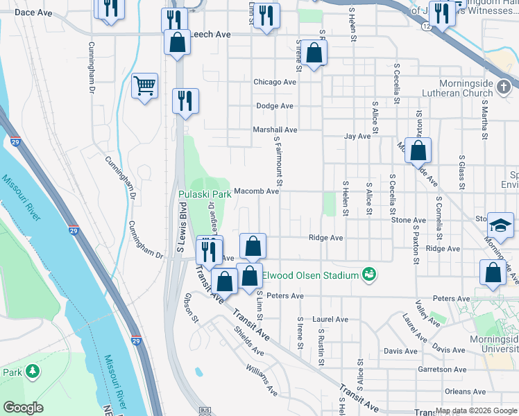 map of restaurants, bars, coffee shops, grocery stores, and more near 1112 South Linn Street in Sioux City