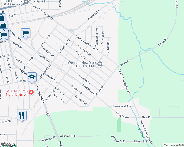map of restaurants, bars, coffee shops, grocery stores, and more near 403 Hoyt Street in Dunkirk