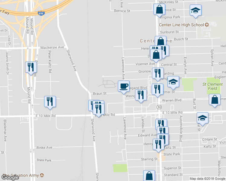 map of restaurants, bars, coffee shops, grocery stores, and more near 6861 Braun in Center Line