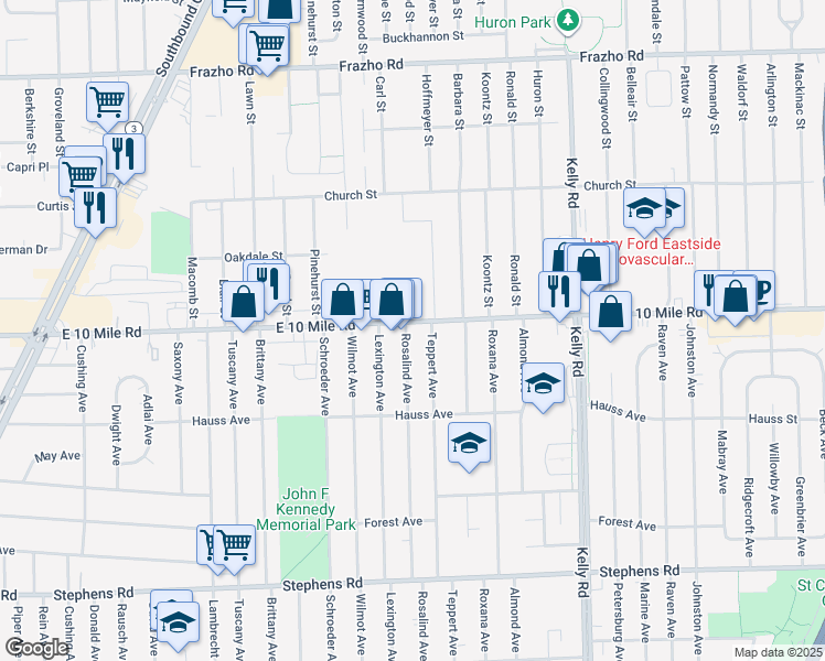 map of restaurants, bars, coffee shops, grocery stores, and more near in Eastpointe