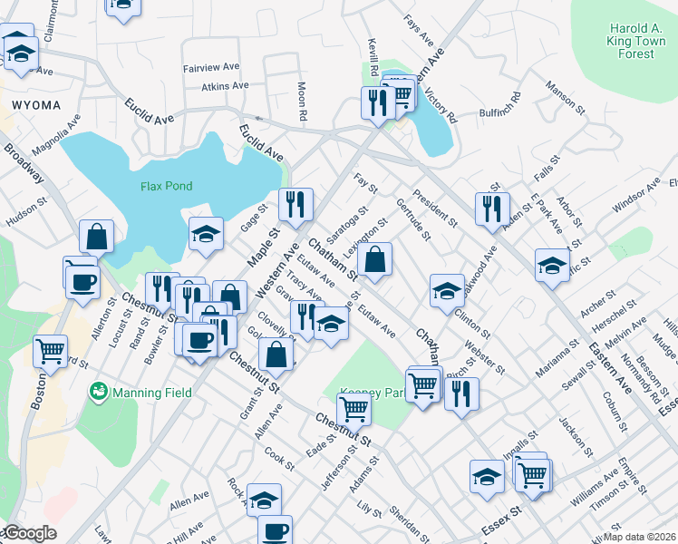 map of restaurants, bars, coffee shops, grocery stores, and more near 476 Chatham Street in Lynn