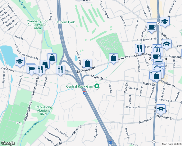 map of restaurants, bars, coffee shops, grocery stores, and more near 92 Montvale Avenue in Stoneham