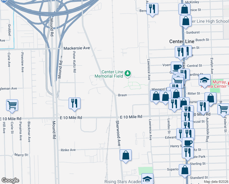 map of restaurants, bars, coffee shops, grocery stores, and more near 25300 Sherwood Avenue in Center Line