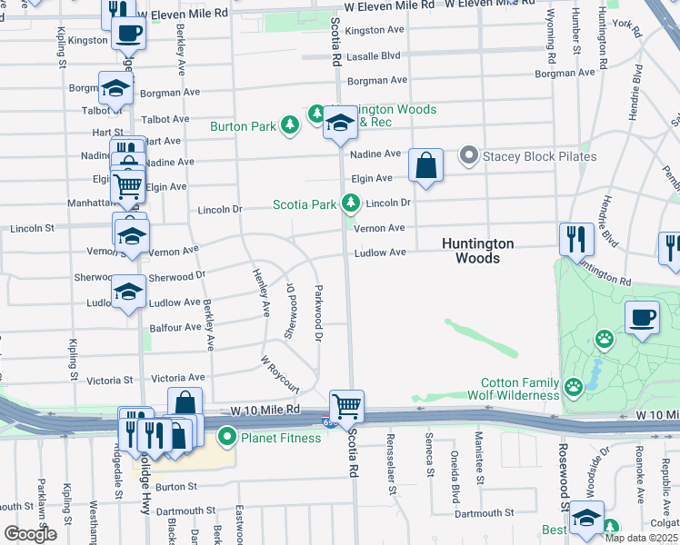 map of restaurants, bars, coffee shops, grocery stores, and more near 25537 Scotia Road in Huntington Woods