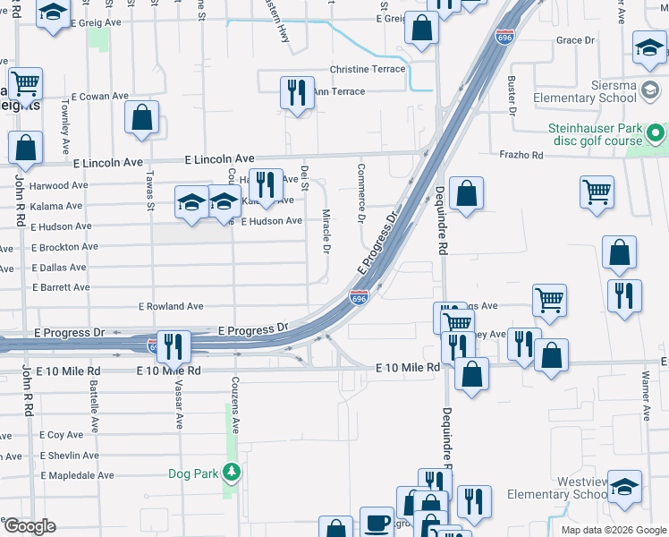 map of restaurants, bars, coffee shops, grocery stores, and more near 1605 Progress Drive in Madison Heights