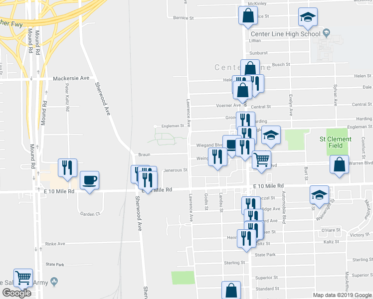 map of restaurants, bars, coffee shops, grocery stores, and more near 6935 Braun Street in Center Line