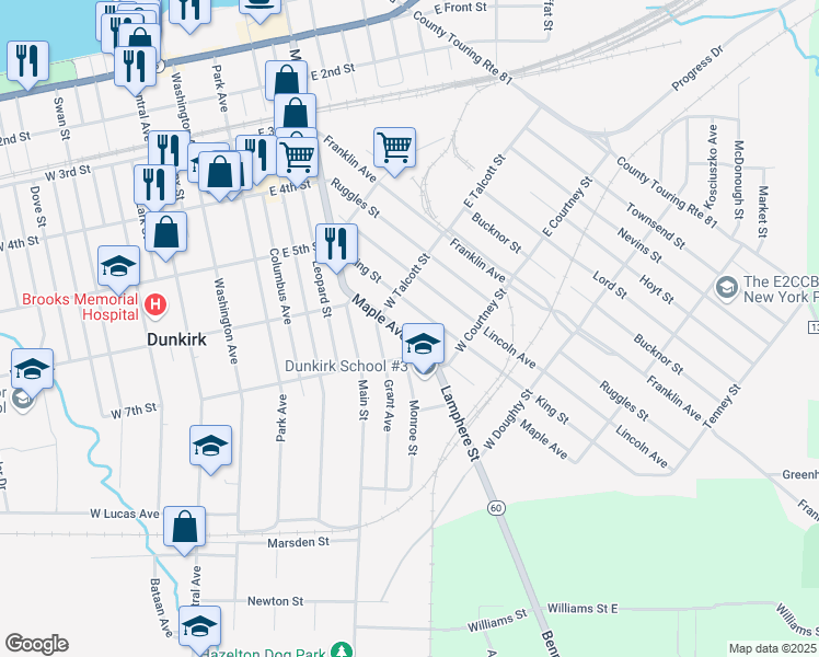 map of restaurants, bars, coffee shops, grocery stores, and more near 128 Maple Avenue in Dunkirk
