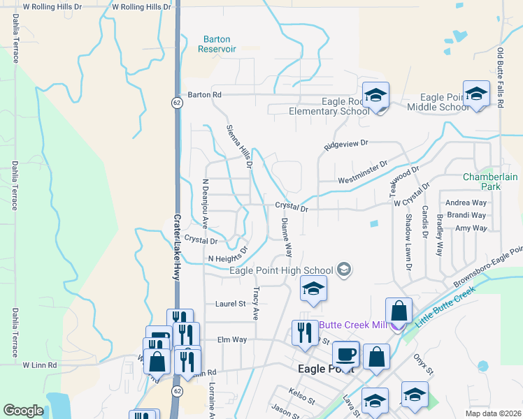 map of restaurants, bars, coffee shops, grocery stores, and more near 845 Crystal Drive in Eagle Point