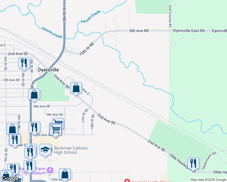 map of restaurants, bars, coffee shops, grocery stores, and more near Heritage Trail in Dyersville
