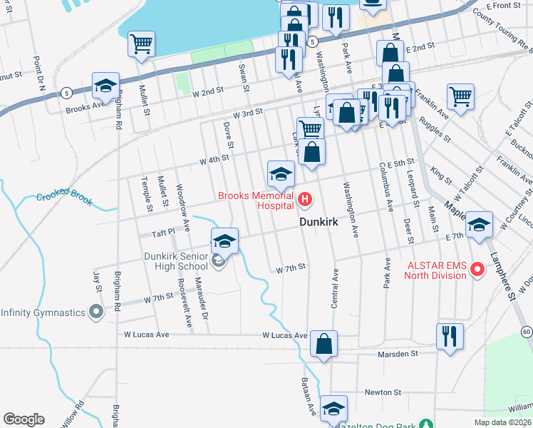 map of restaurants, bars, coffee shops, grocery stores, and more near 525 Eagle Street in Dunkirk