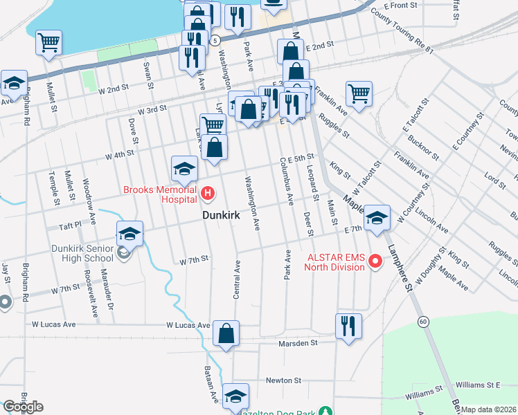 map of restaurants, bars, coffee shops, grocery stores, and more near 606 Washington Avenue in Dunkirk