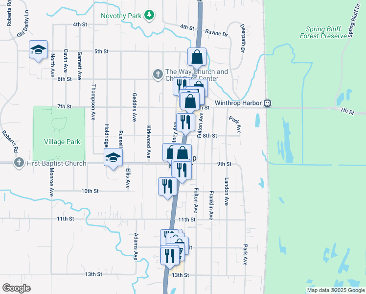 map of restaurants, bars, coffee shops, grocery stores, and more near Sheridan Road in Winthrop Harbor