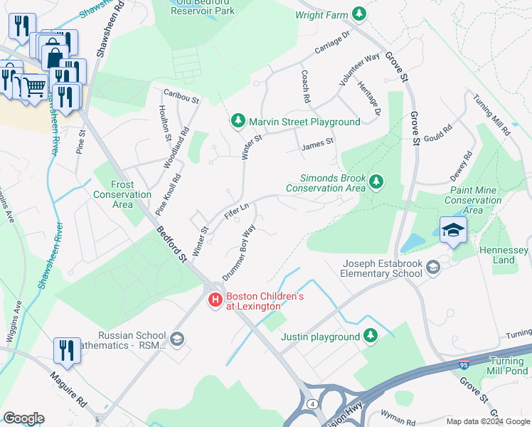 map of restaurants, bars, coffee shops, grocery stores, and more near 41 Drummer Boy Way in Lexington