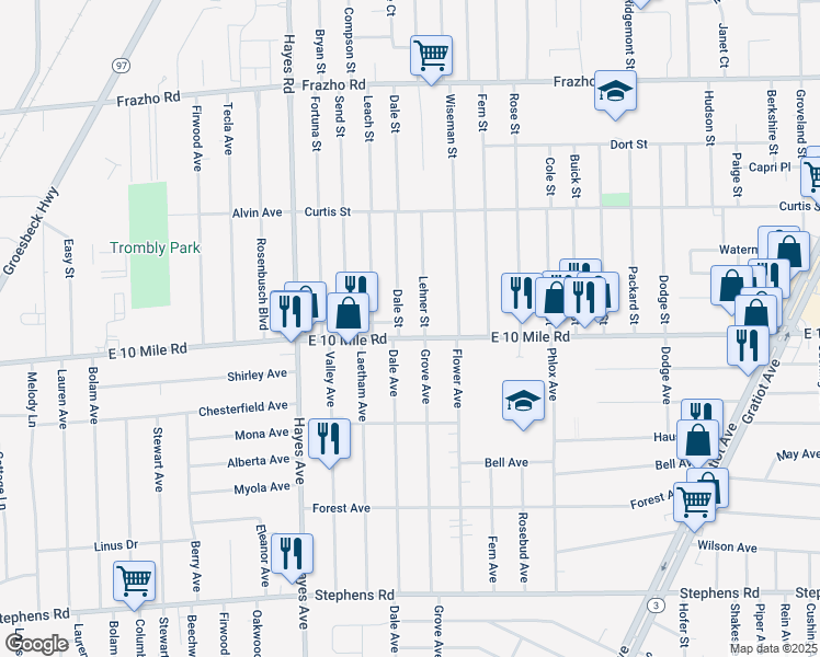 map of restaurants, bars, coffee shops, grocery stores, and more near 15515 East 10 Mile Road in Eastpointe
