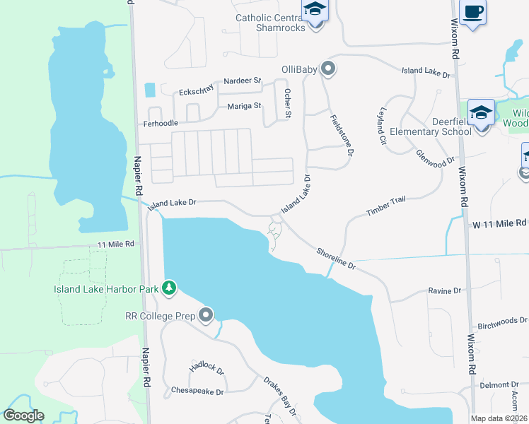 map of restaurants, bars, coffee shops, grocery stores, and more near 26055 Island Lake Drive in Novi