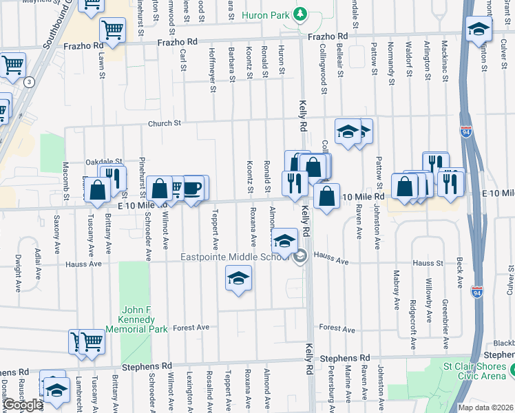 map of restaurants, bars, coffee shops, grocery stores, and more near 24960 Roxana Avenue in Eastpointe