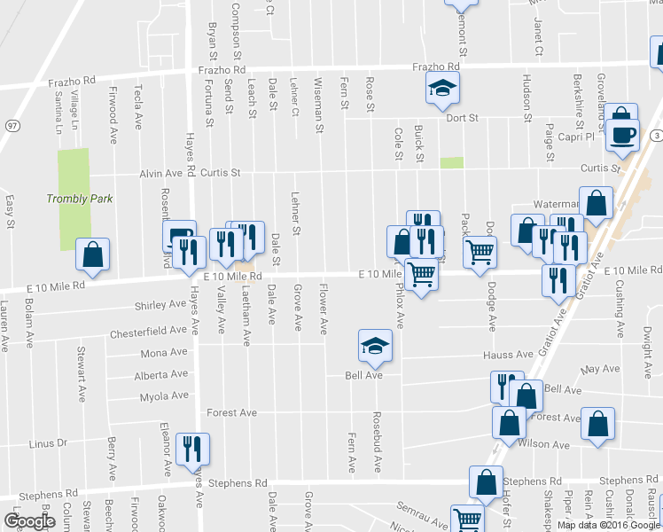 map of restaurants, bars, coffee shops, grocery stores, and more near 15607 East 10 Mile Road in Eastpointe