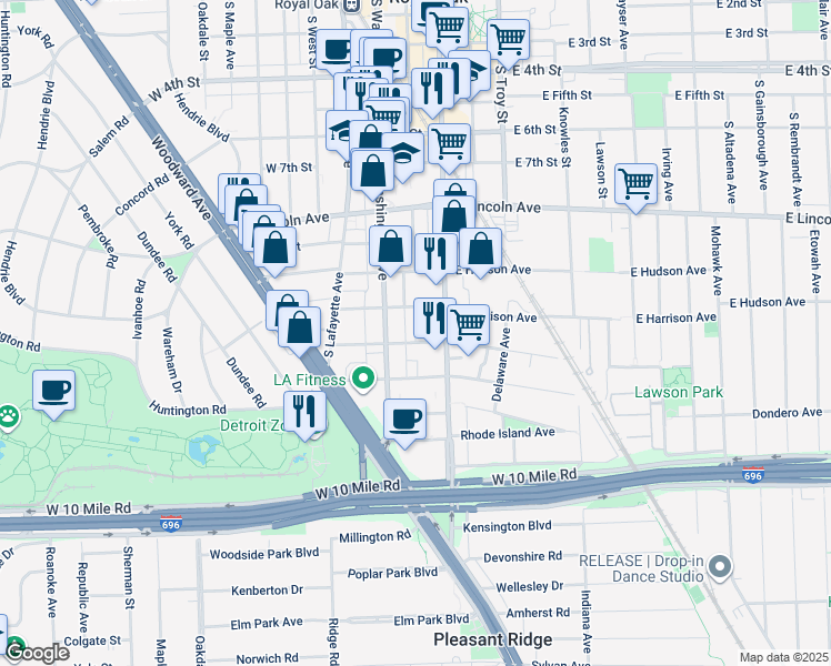 map of restaurants, bars, coffee shops, grocery stores, and more near 202 West Parent Avenue in Royal Oak