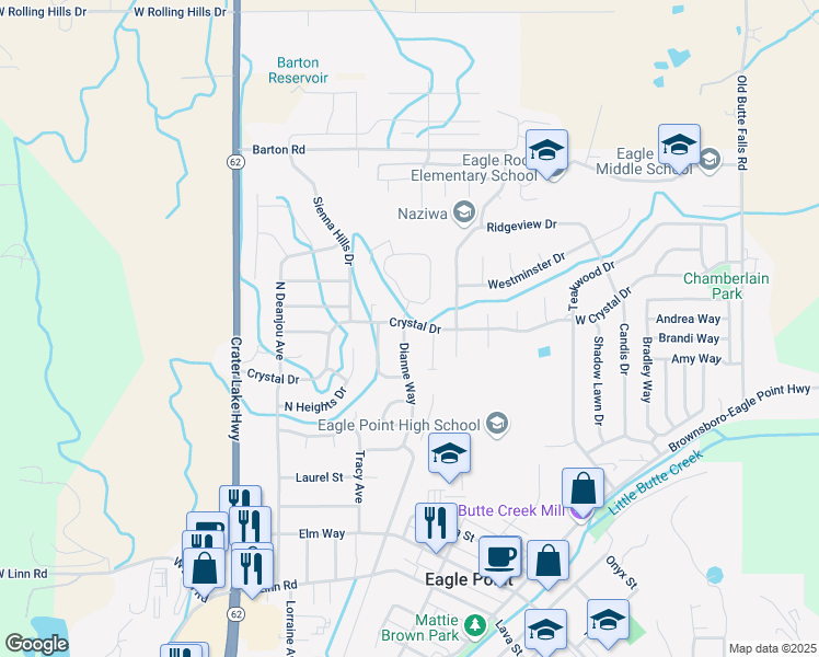 map of restaurants, bars, coffee shops, grocery stores, and more near 779 Crystal Drive in Eagle Point