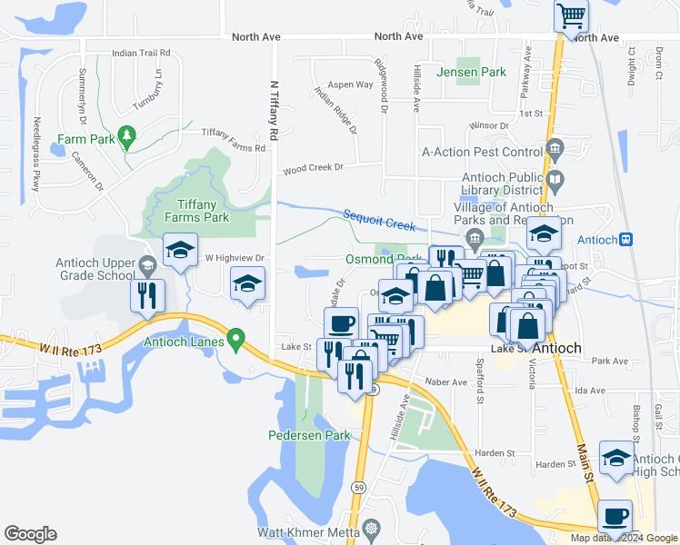 map of restaurants, bars, coffee shops, grocery stores, and more near 816 Hillandale Drive in Antioch