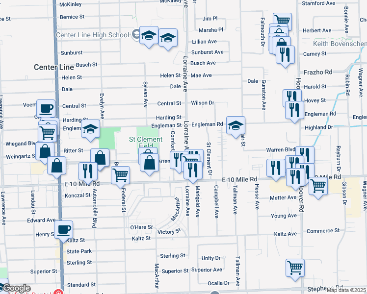 map of restaurants, bars, coffee shops, grocery stores, and more near 25153 Lorraine Avenue in Center Line
