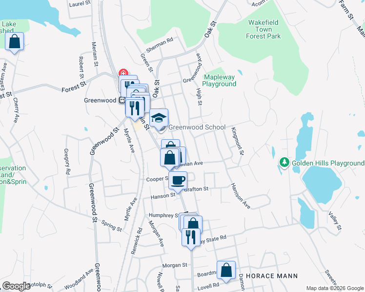 map of restaurants, bars, coffee shops, grocery stores, and more near 23 Greenwood Avenue in Wakefield