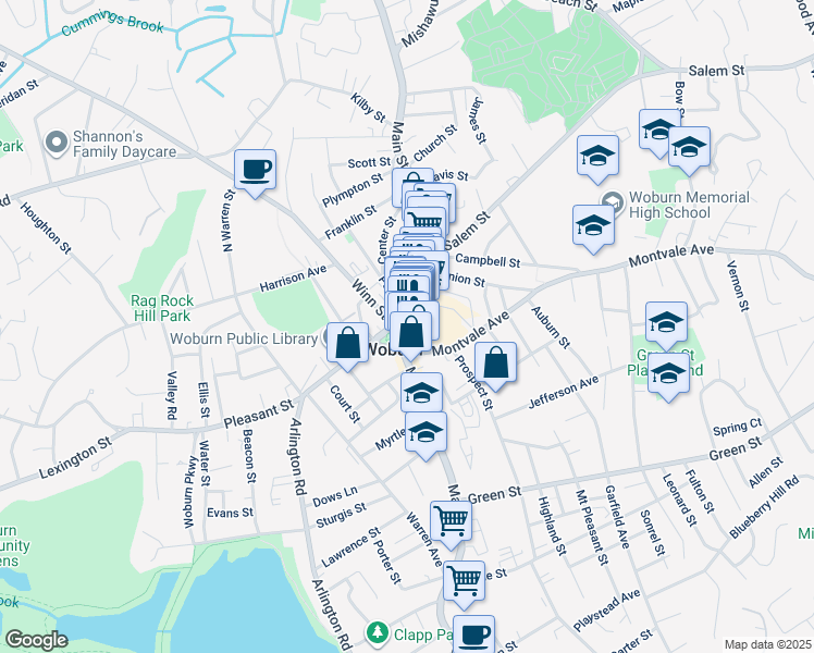 map of restaurants, bars, coffee shops, grocery stores, and more near 415 Main Street in Woburn
