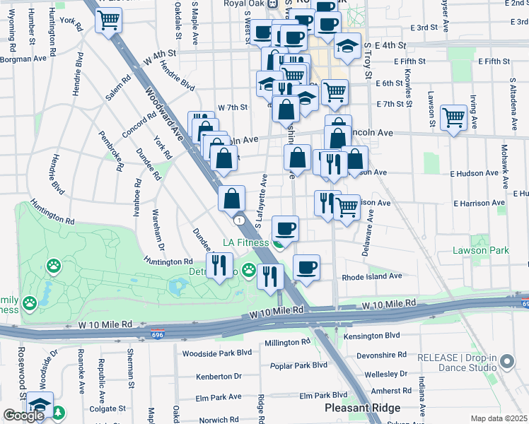 map of restaurants, bars, coffee shops, grocery stores, and more near 1119 South Lafayette Avenue in Royal Oak