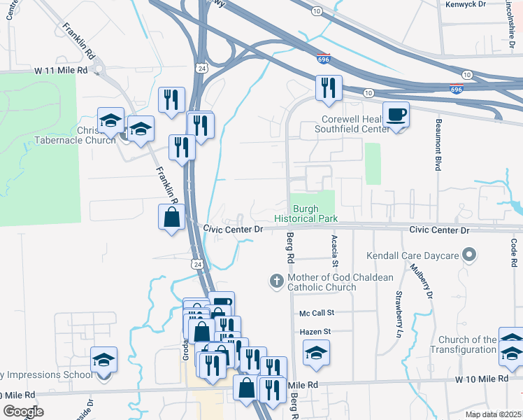 map of restaurants, bars, coffee shops, grocery stores, and more near 24300 Civic Center Drive in Southfield