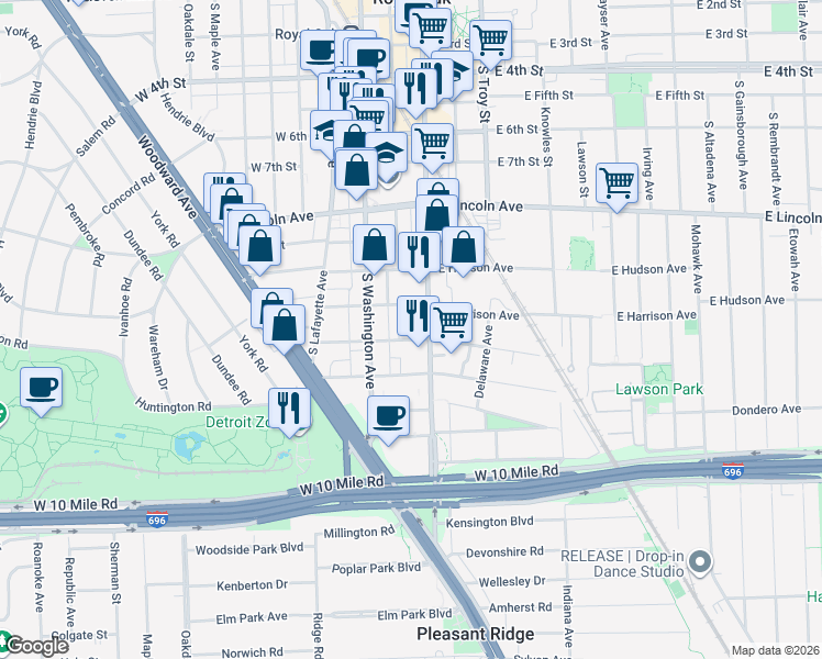 map of restaurants, bars, coffee shops, grocery stores, and more near 202 West Parent Avenue in Royal Oak