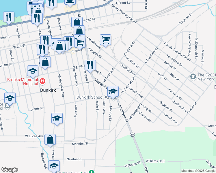 map of restaurants, bars, coffee shops, grocery stores, and more near 124 Maple Avenue in Dunkirk